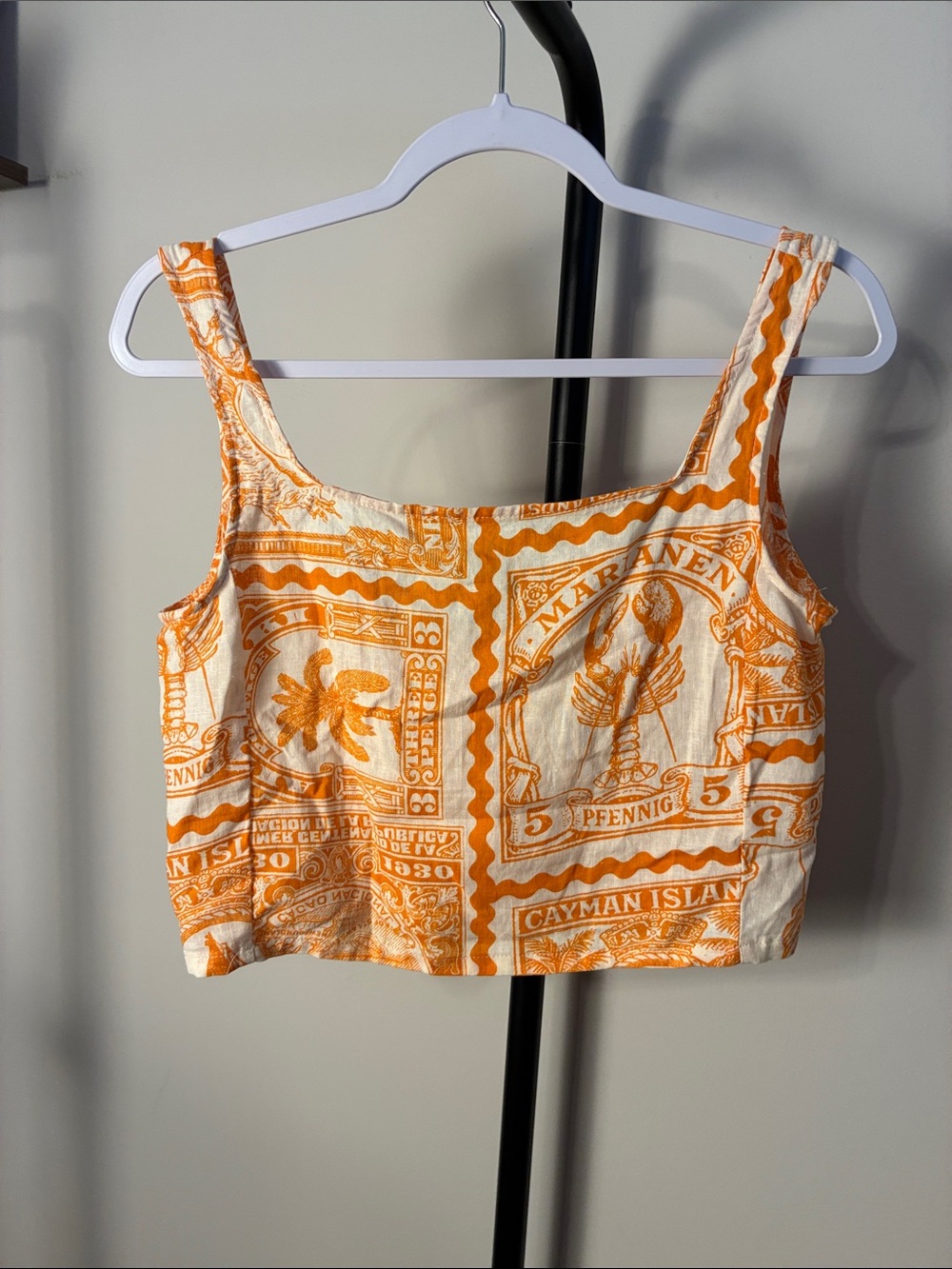 Nicole Miller Cream Crop Top Orange Lobster Beach Costal Linen XS Small Medium